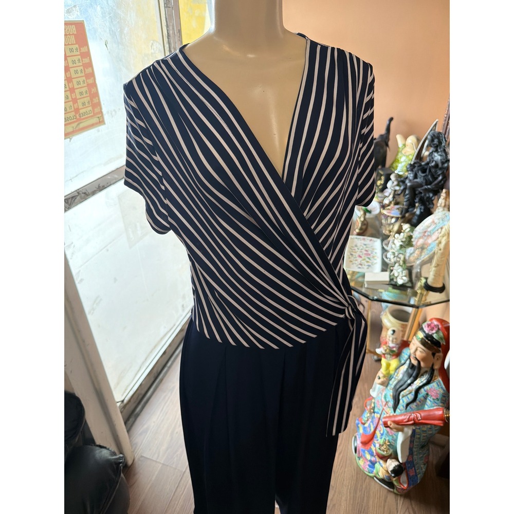 Shelby & Palmer Navy White Striped Faux‎ Wrap Wide Leg Jumpsuit Womens Large
